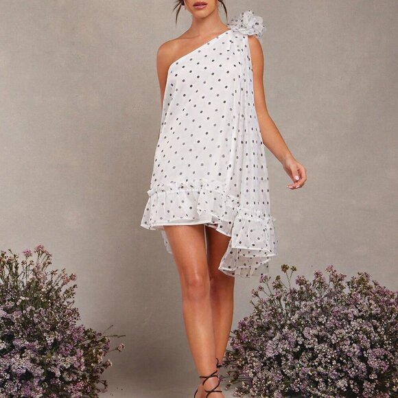 White Elegant Women's Polka Dot Off Shoulder Dress With Detachable Flower - Picture 5 of 5